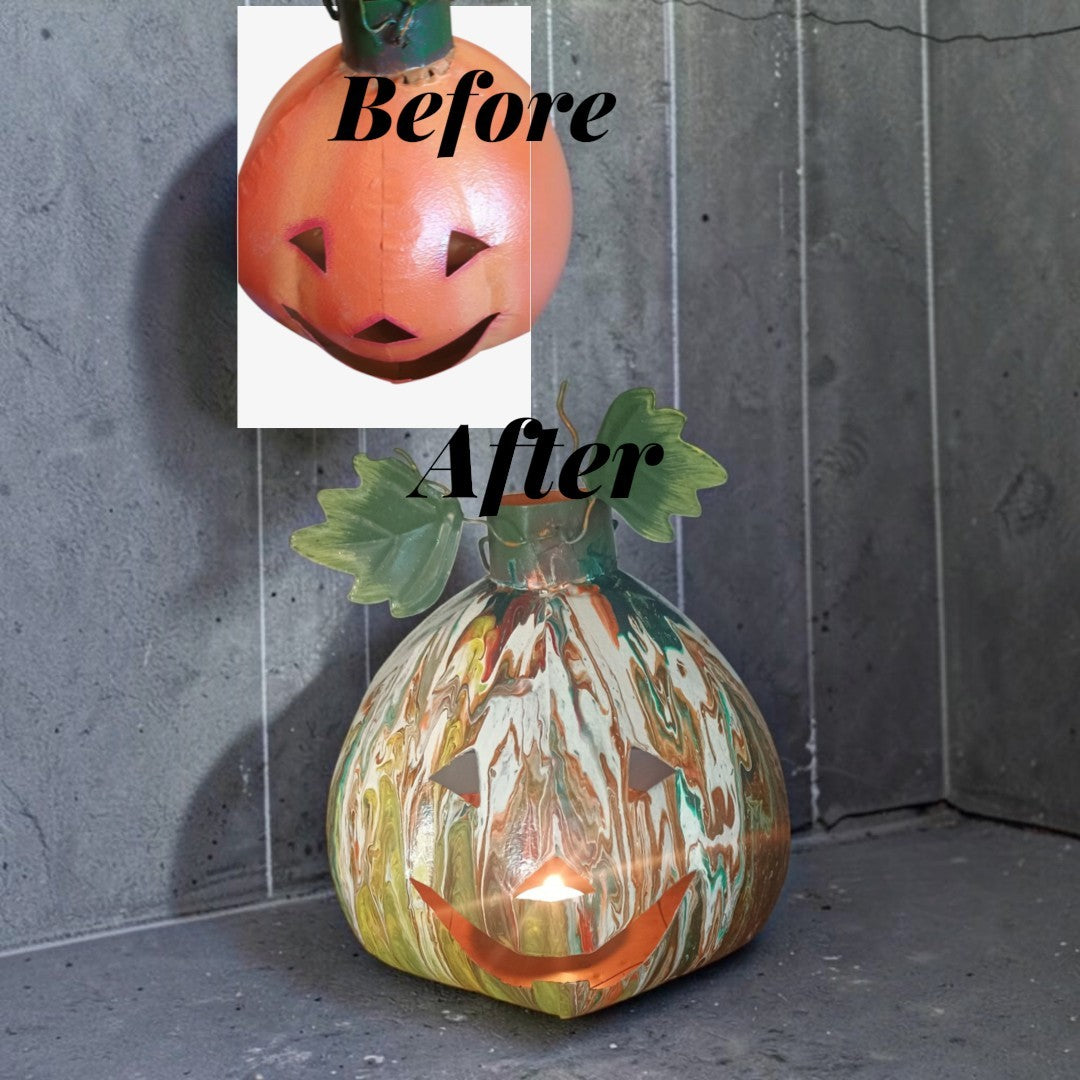 Halloween Jack-o'-Lantern Decor โ Hand-Poured Acrylic Art on Upcycled Metal Pumpkin with Tealight | One of a Kind