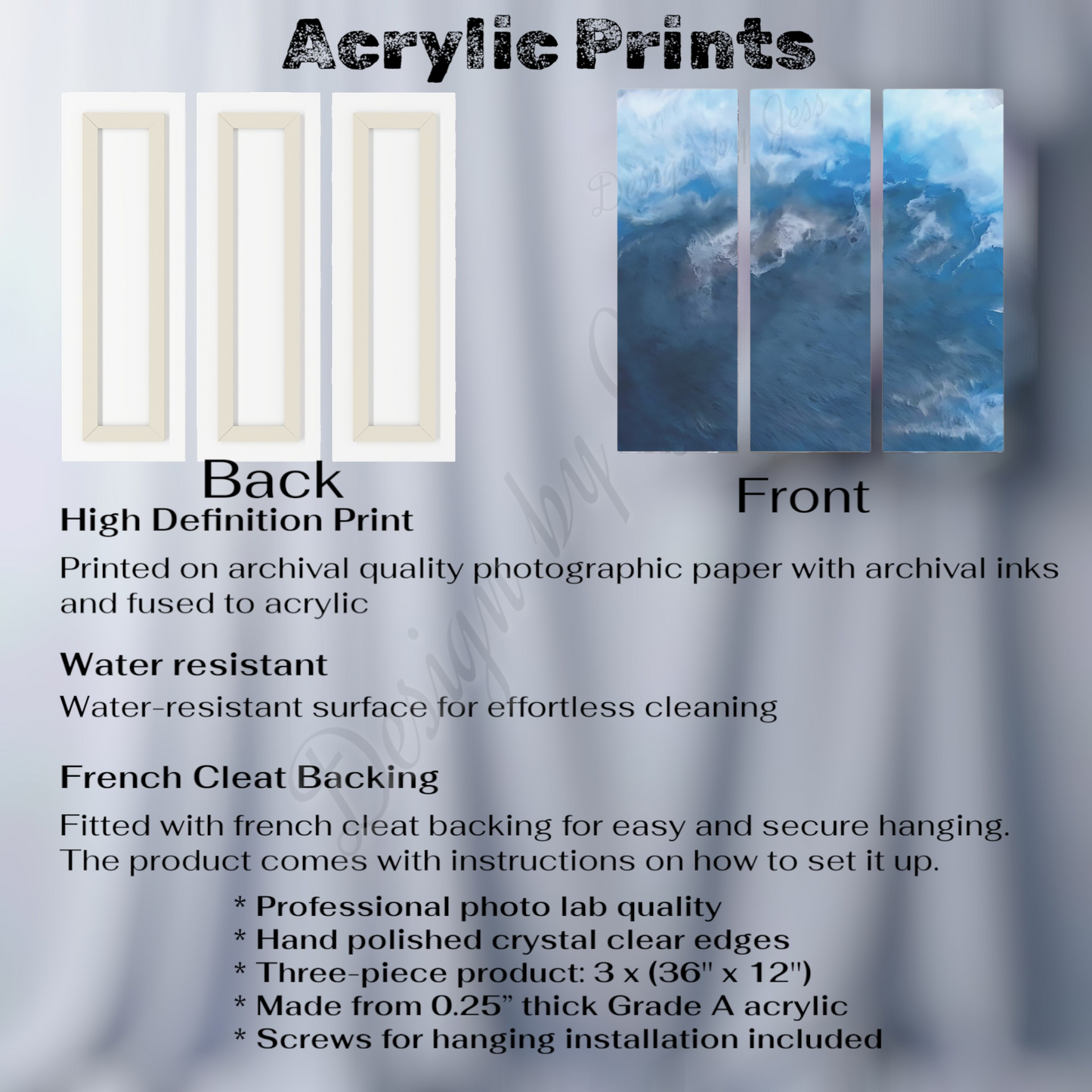 Acrylic prints with specifications on a gray background