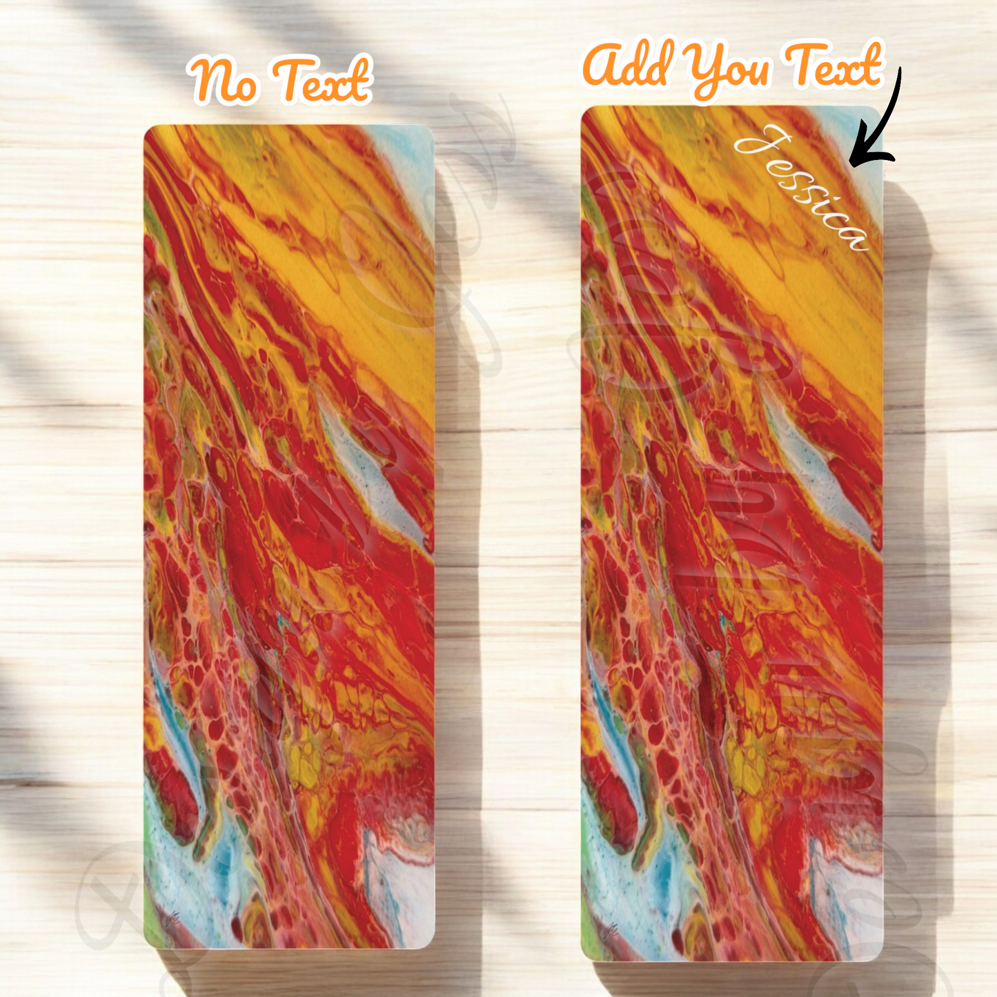 Two abstract art images of yoga mats with text customization options on a wooden surface.