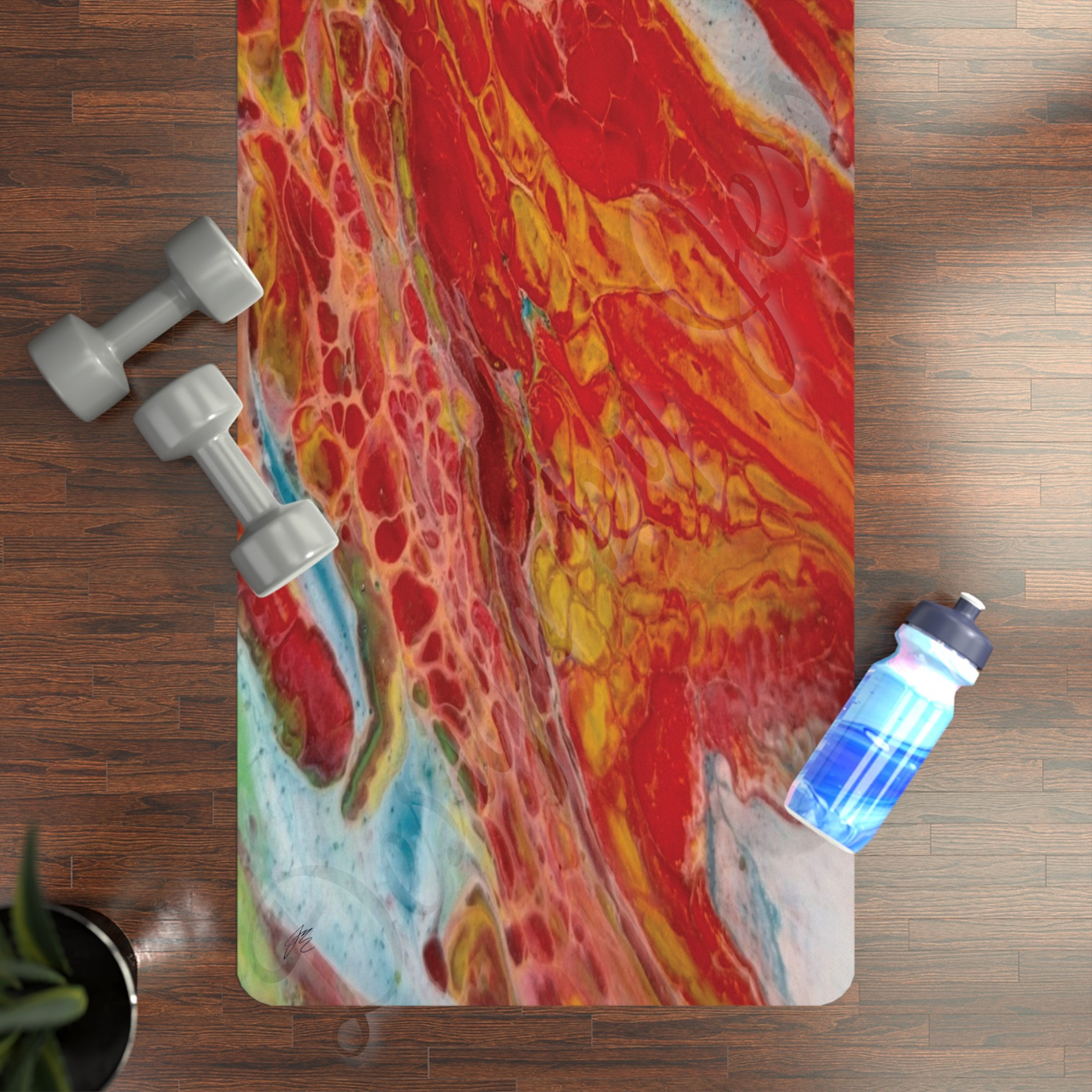 Colorful abstract mat with two dumbbells and a water bottle on a wooden floor.