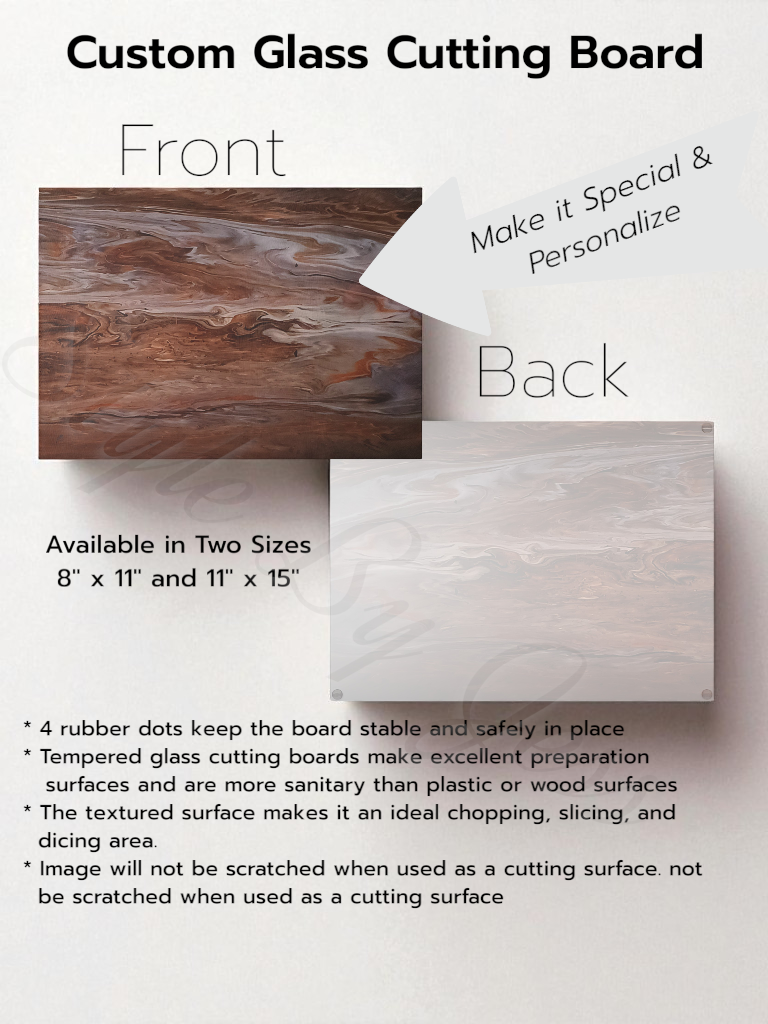 Custom glass cutting board with front and back views, size options, and features listed.