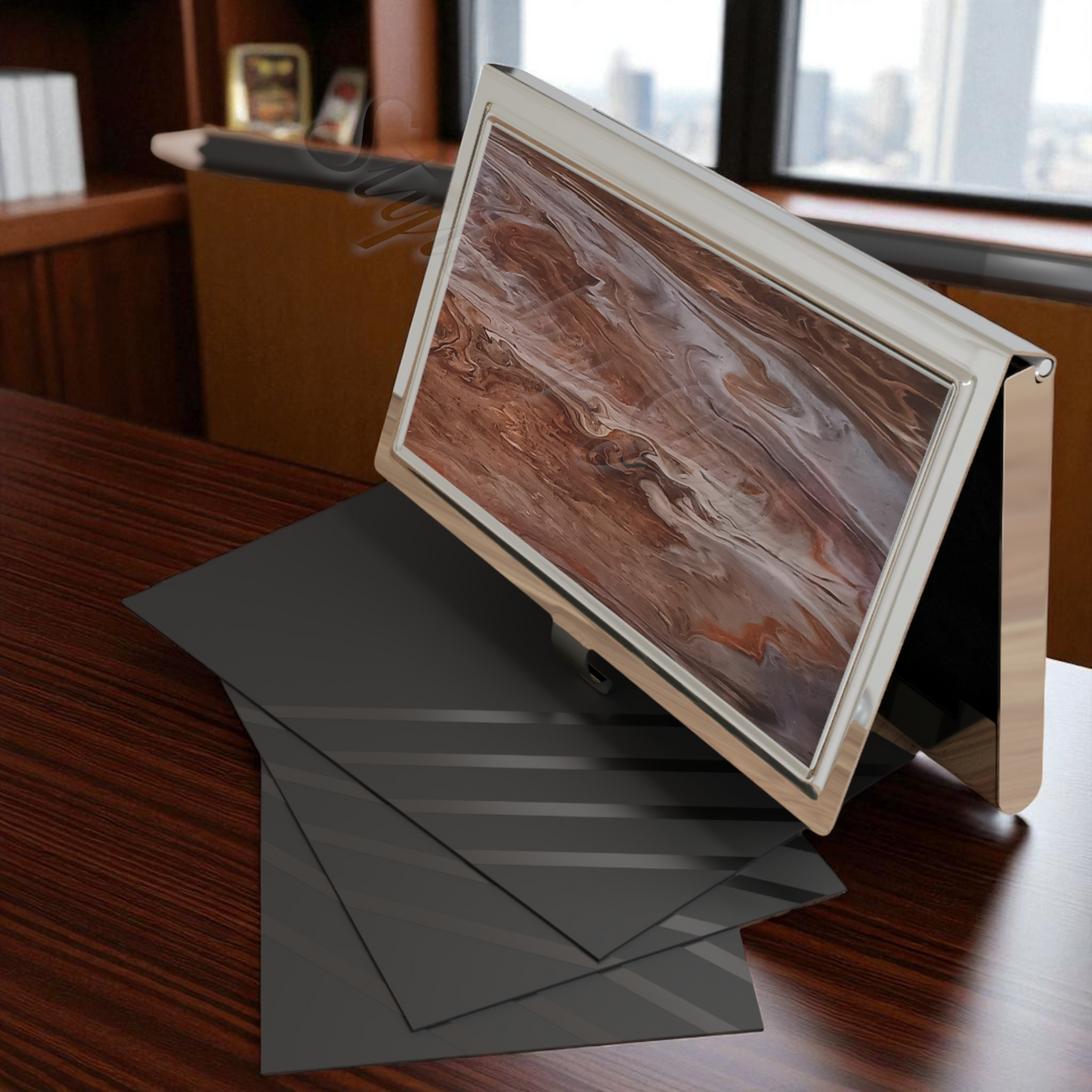 Custom abstract art wood looking image business card holder with compartments on a wooden desk