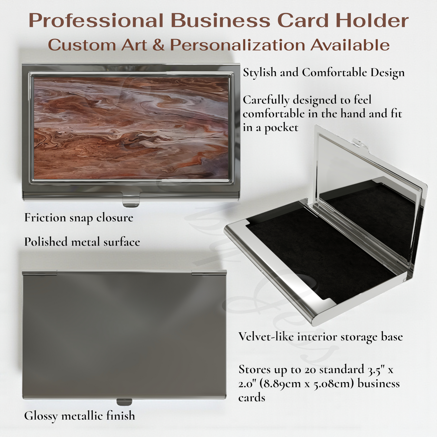 Professional business card holder with wooden design and text detailing features.