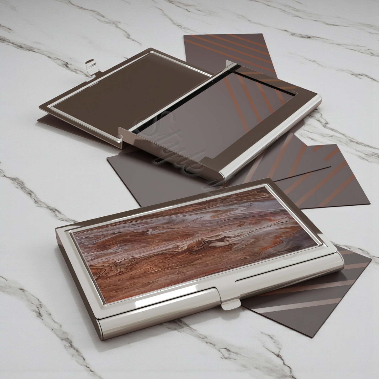 Business card holder with wooden texture on a marble surface Style by Jess
