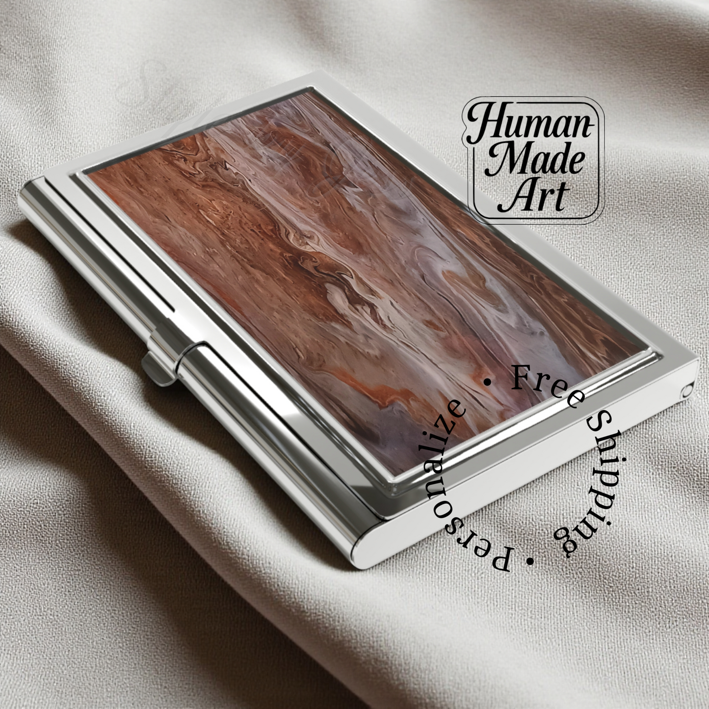 Business card holder with wooden pattern on a beige fabric background Style By Jess at Gotta Have It Design