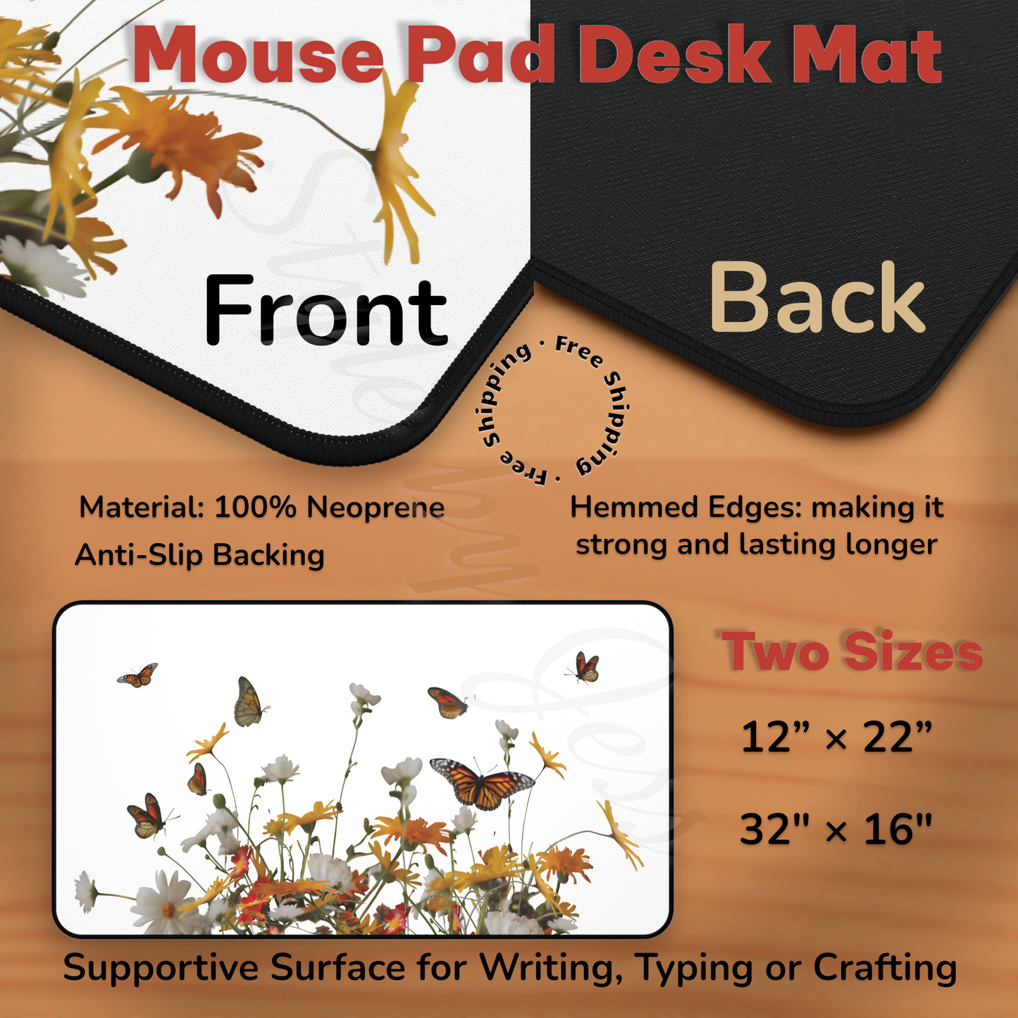 Mouse pad desk mat with front and back views, material details, and size options.