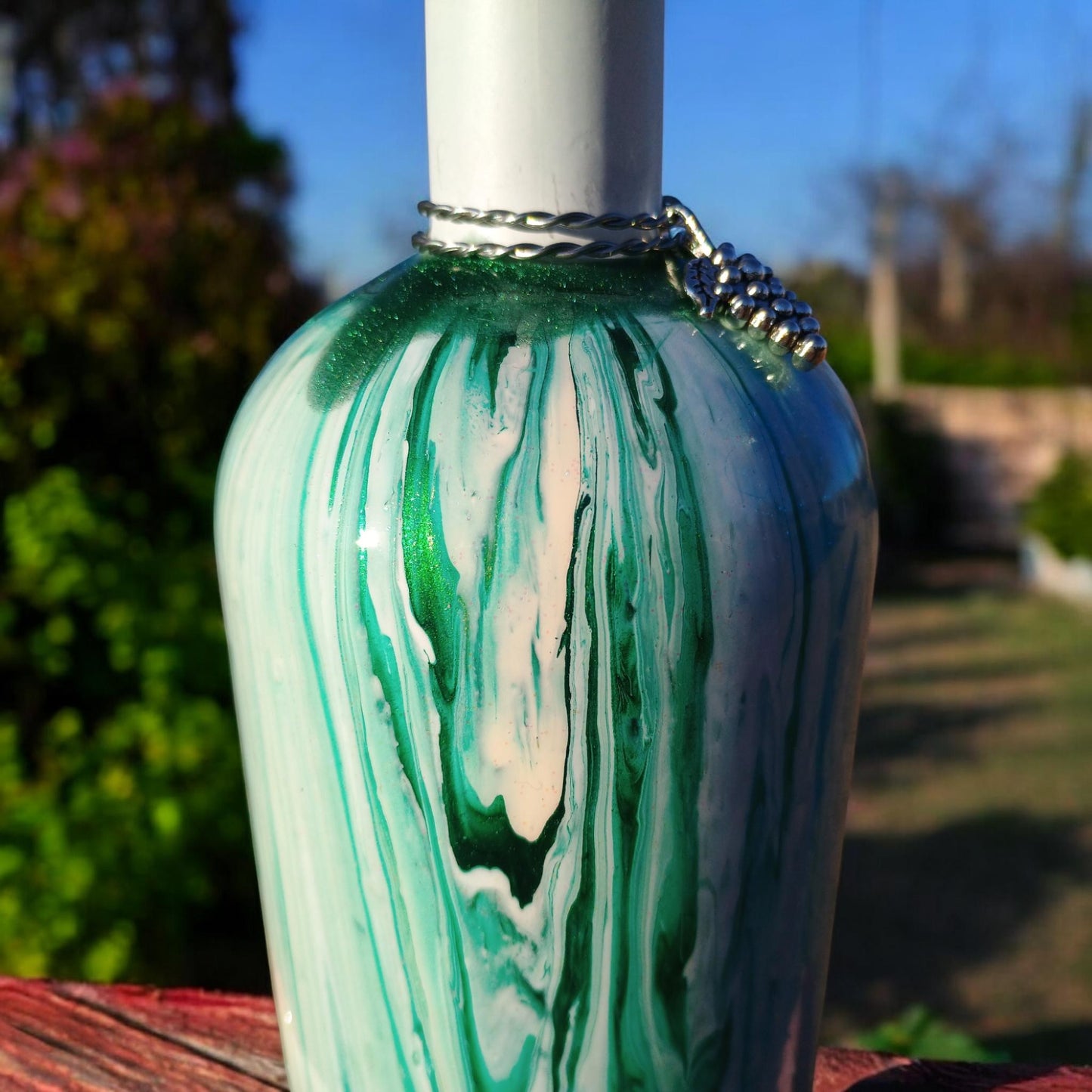 Glass Olive Oil Bottle Green Abstract Art Cruet Kitchen Decor Gift for Mom