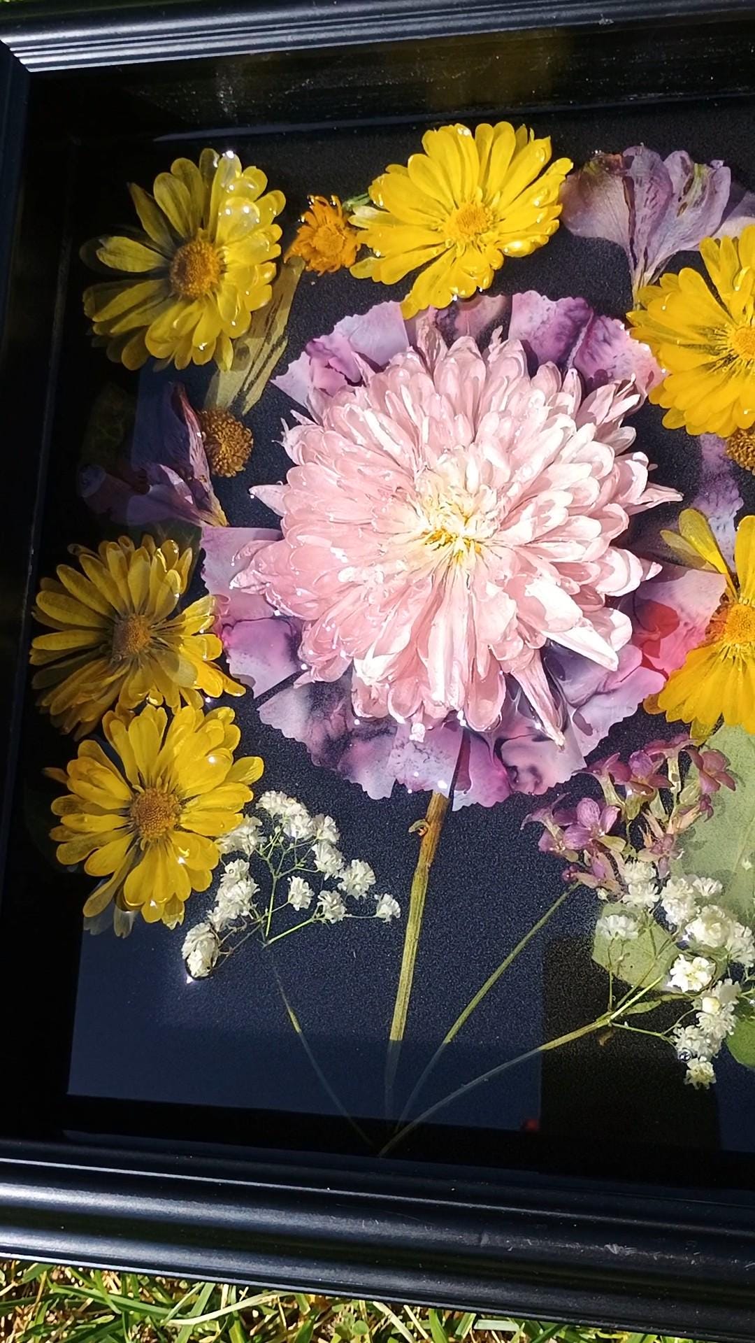 Pressed flowers including pinkish purple and yellow blossoms in a black frame.