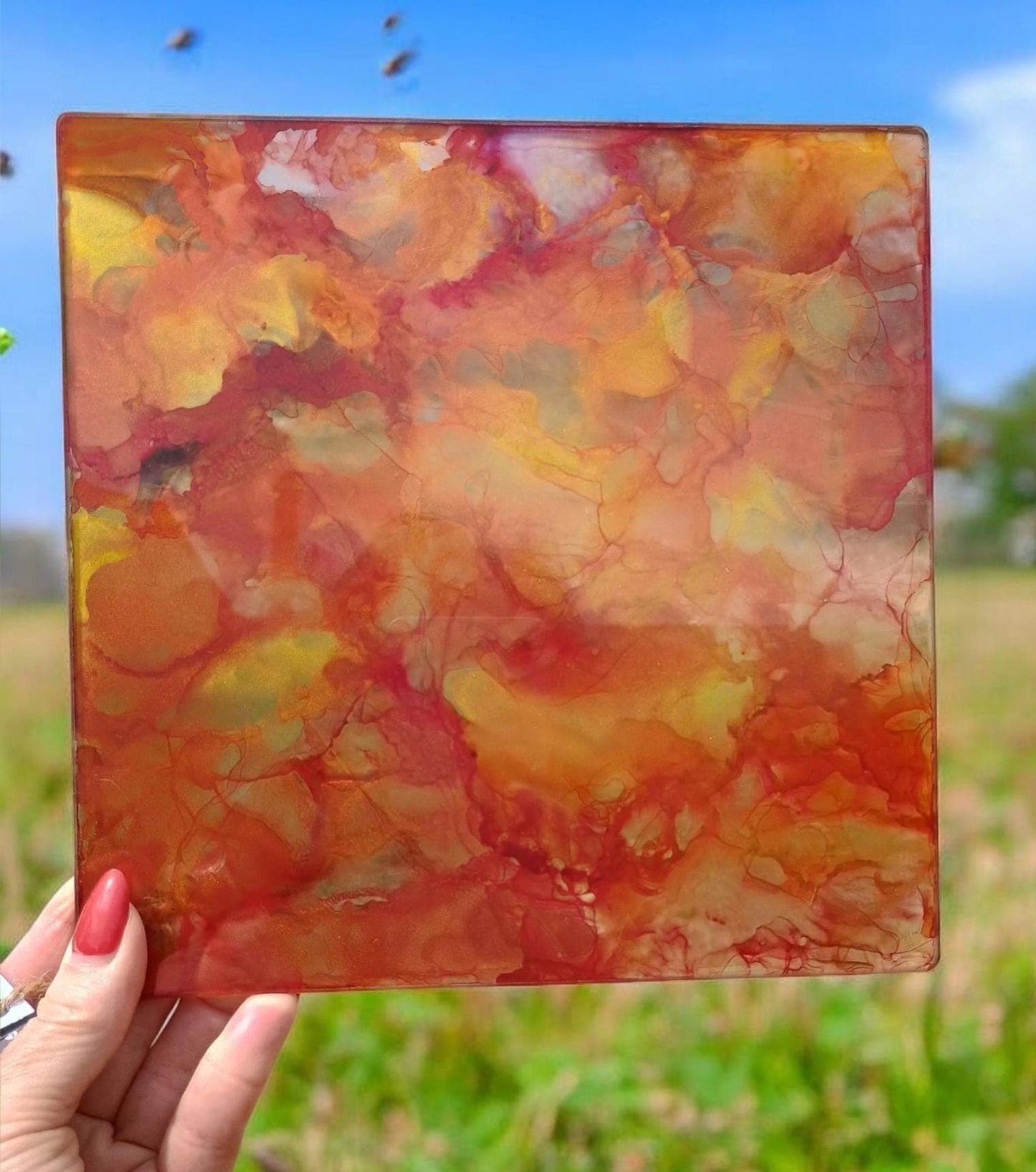 Glass Art Sun Catcher and Cutting Board Red and Gold Charcuterie Tray Gift for Her Kitchen Decor