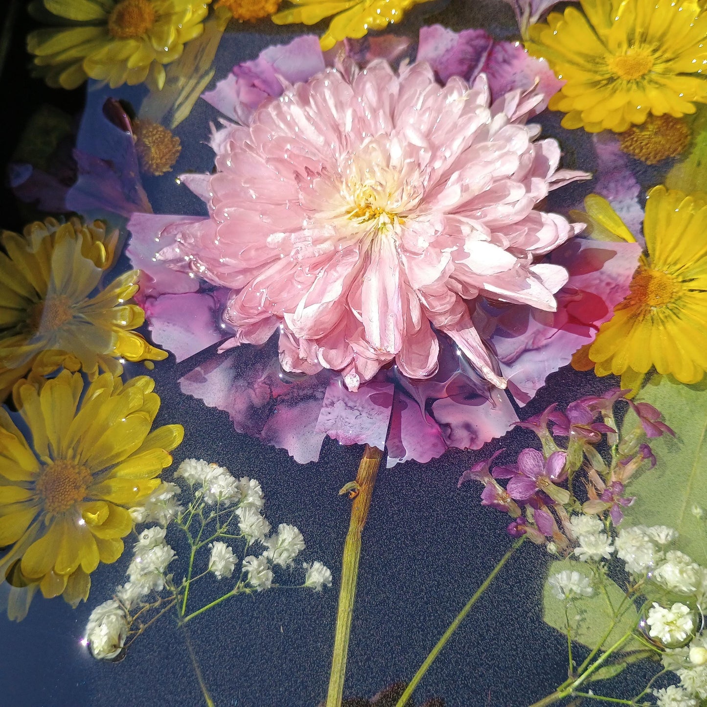 Colorful flowers including a pink dahlia and yellow daisies on a dark background