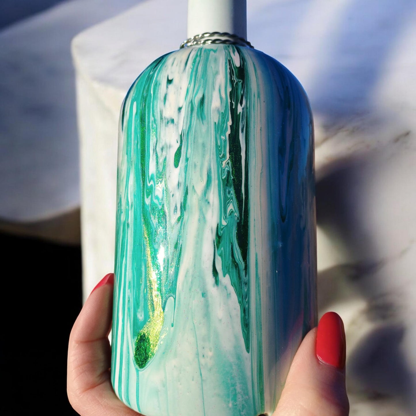 Glass Olive Oil Bottle Green Abstract Art Cruet Kitchen Decor Gift for Mom