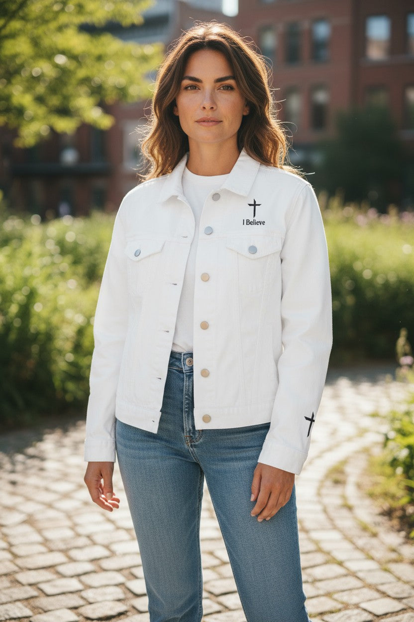 Woman wearing a white jacket with a visible brand logo, standing outdoors on a sunny day.