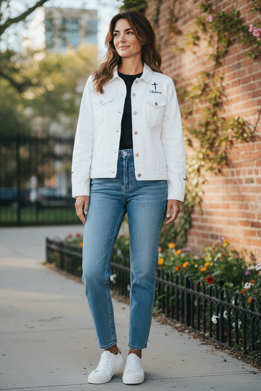 Woman wearing a white jacket with a cross and "I Believe" embroidered, black shirt, blue jeans, and white sneakers standing on a sidewalk.