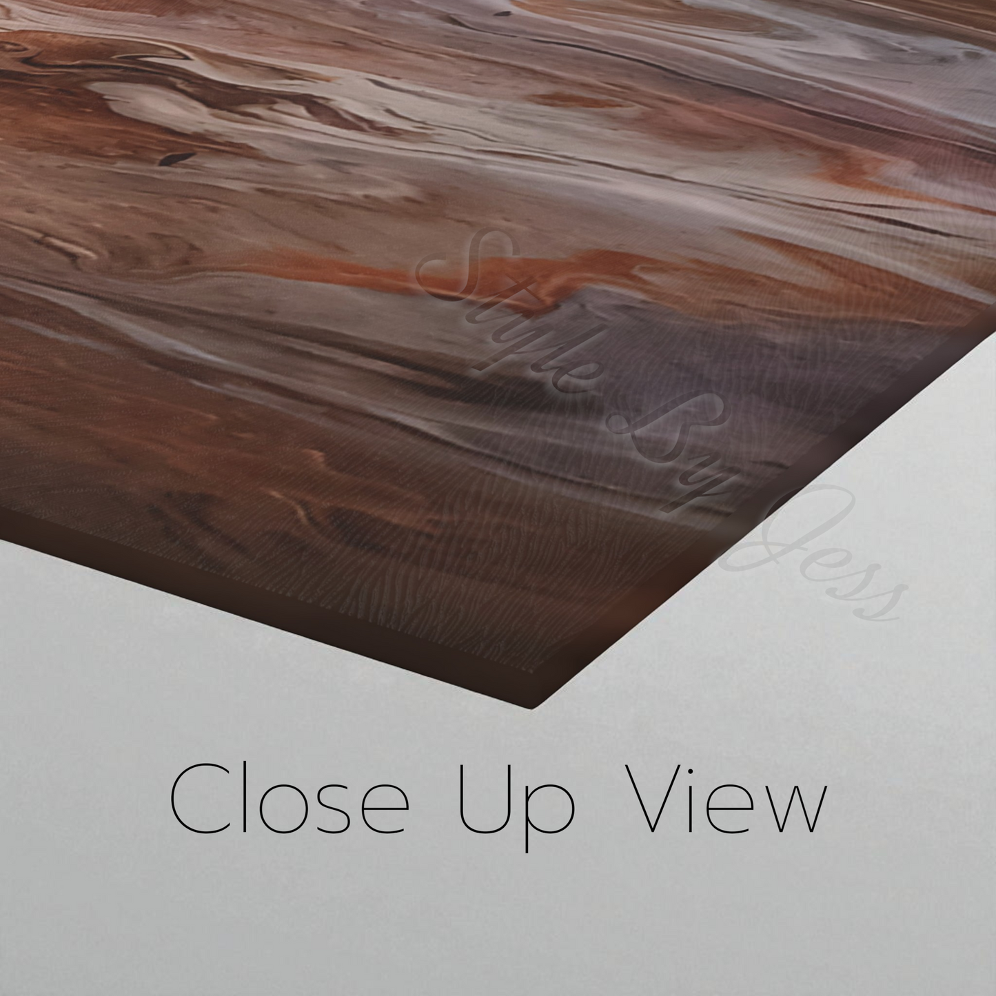 Close-up view of a wood looking glass cutting board.