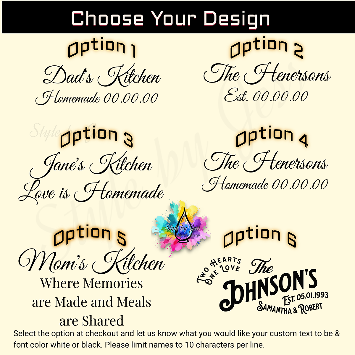 Various kitchen-themed design options with customizable text on a beige background.