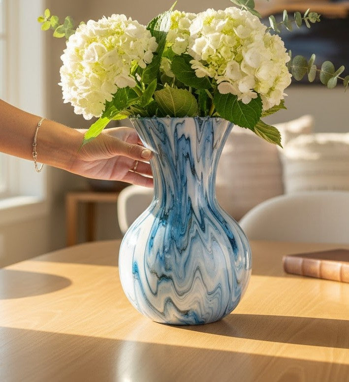 Blue & White Decorative Glass Vase | Hand-Painted Boho & French Country Home Decor | Unique Gift for Her