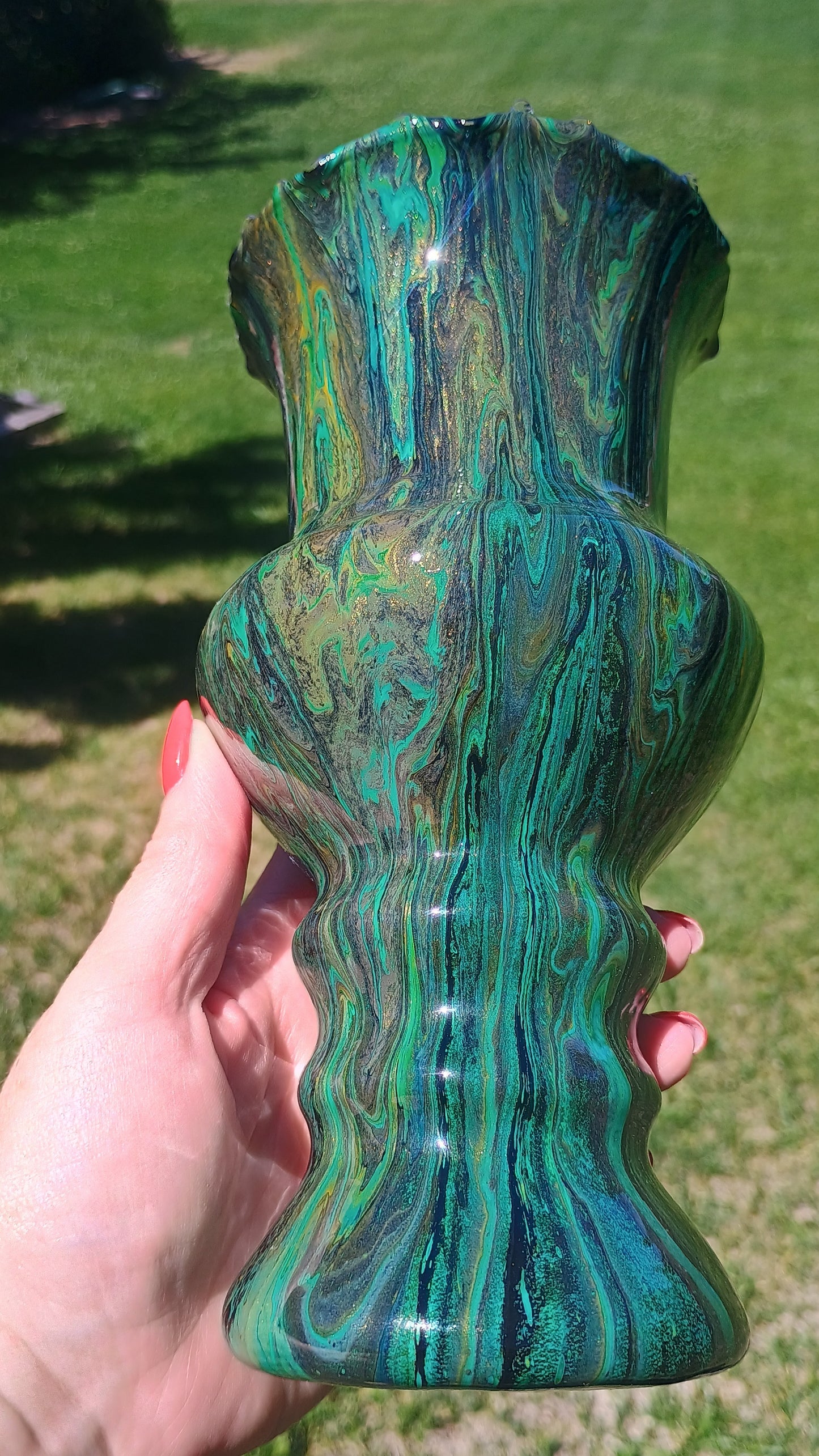 Fluid Art Glass Vase | Teal Green & Gold | Handmade Signed Original | 8" Decorative Vase | Style By Jess