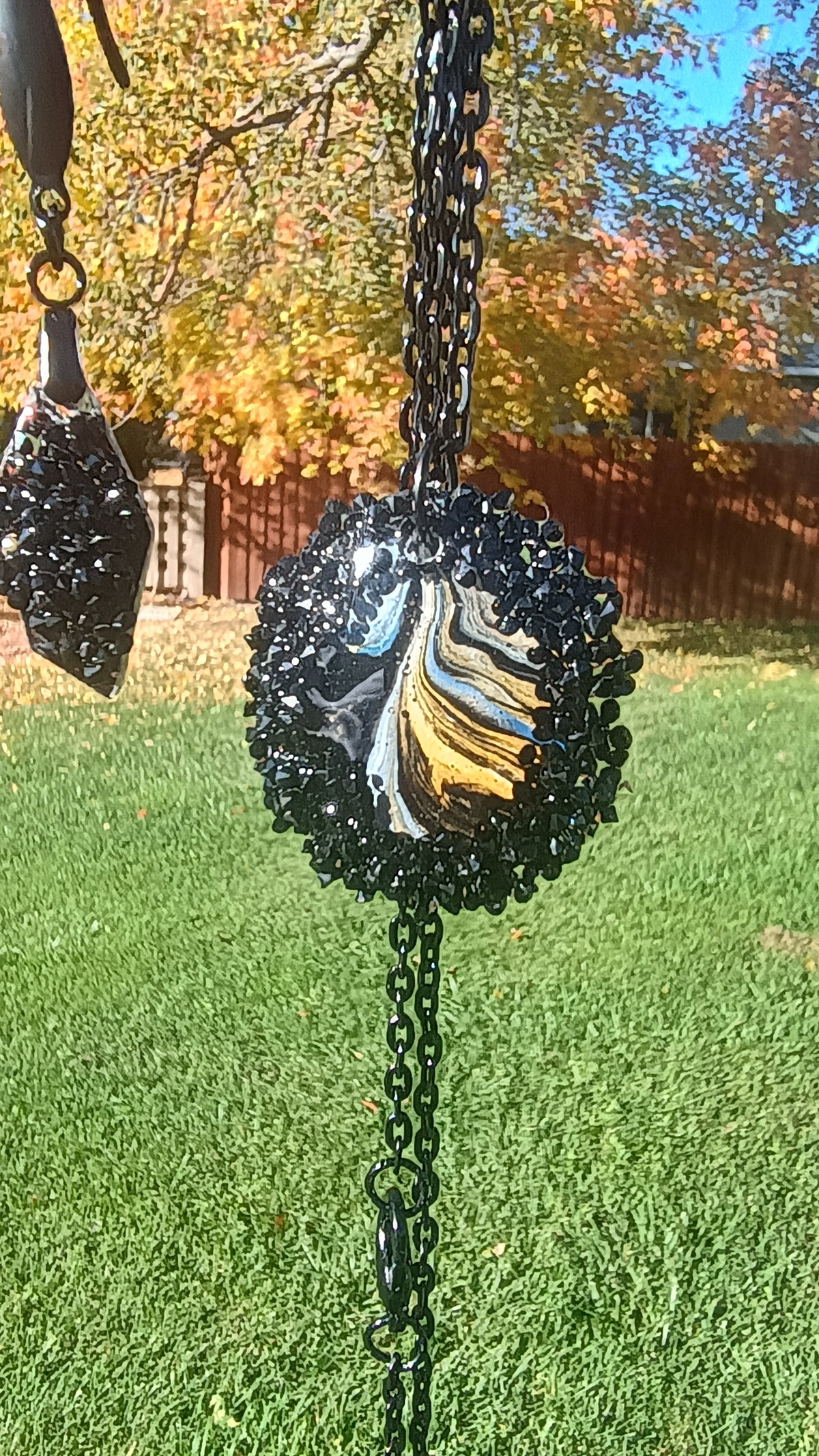 Necklace and Earring Set – Black Crystal & Handmade Art Pendant