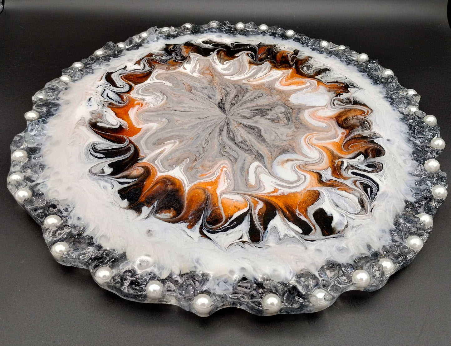 Handcrafted Resin Serving Tray with Pearl Edge - 13" Lazy Susan Centerpiece