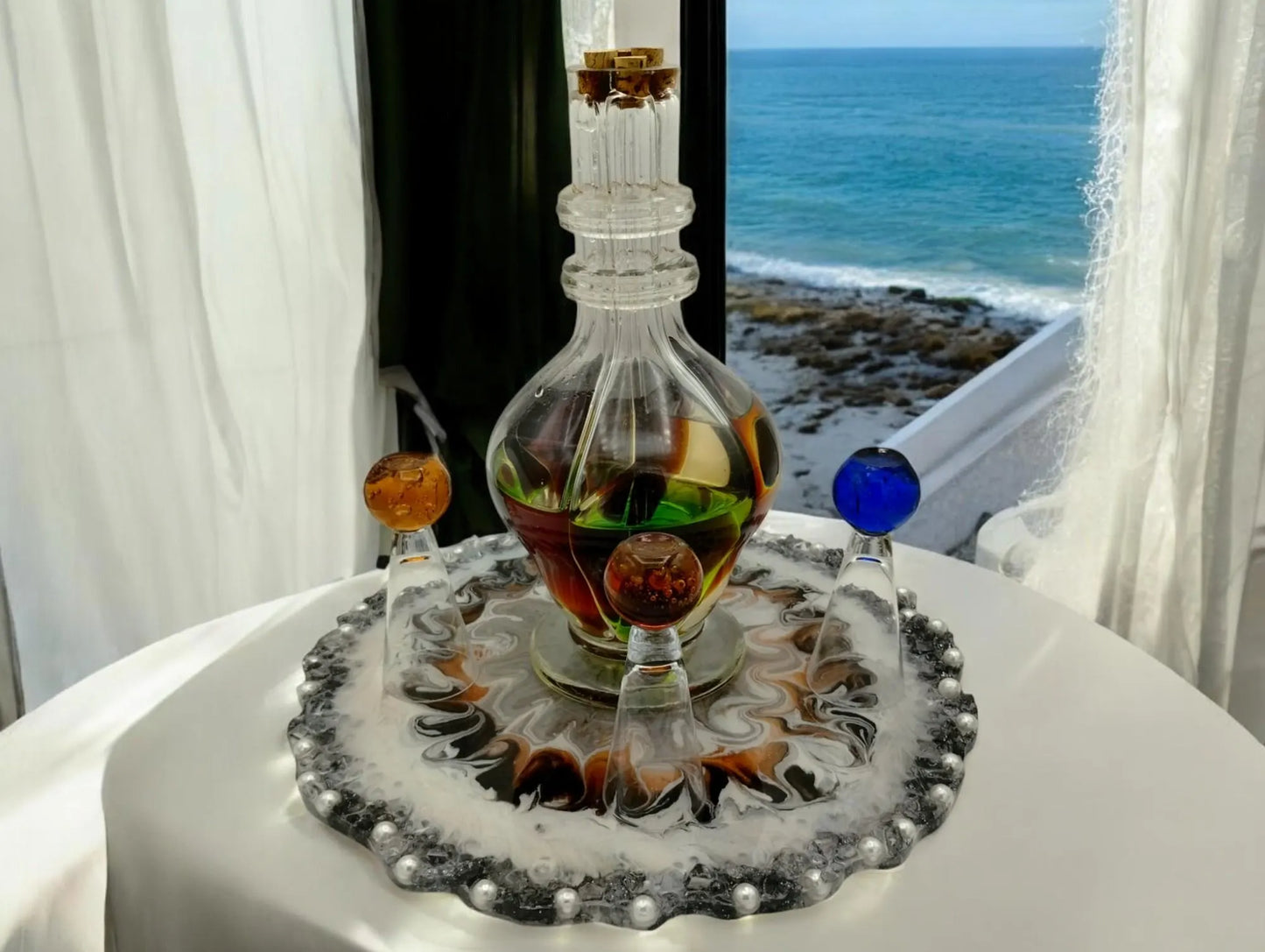 Handcrafted Resin Serving Tray with Pearl Edge - 13" Lazy Susan Centerpiece