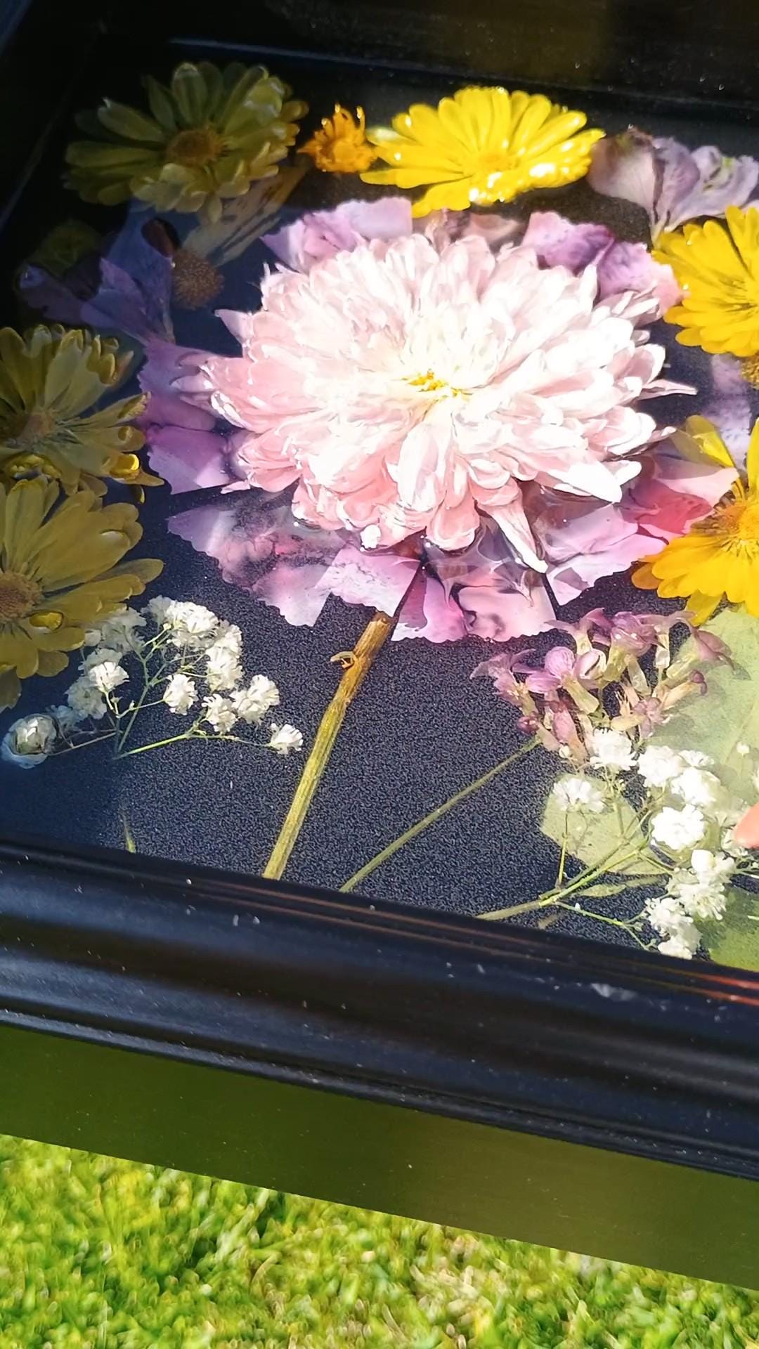 Handmade Dried Flower Resin Wall Art - Purple & Yellow Shadow Box Home Decor