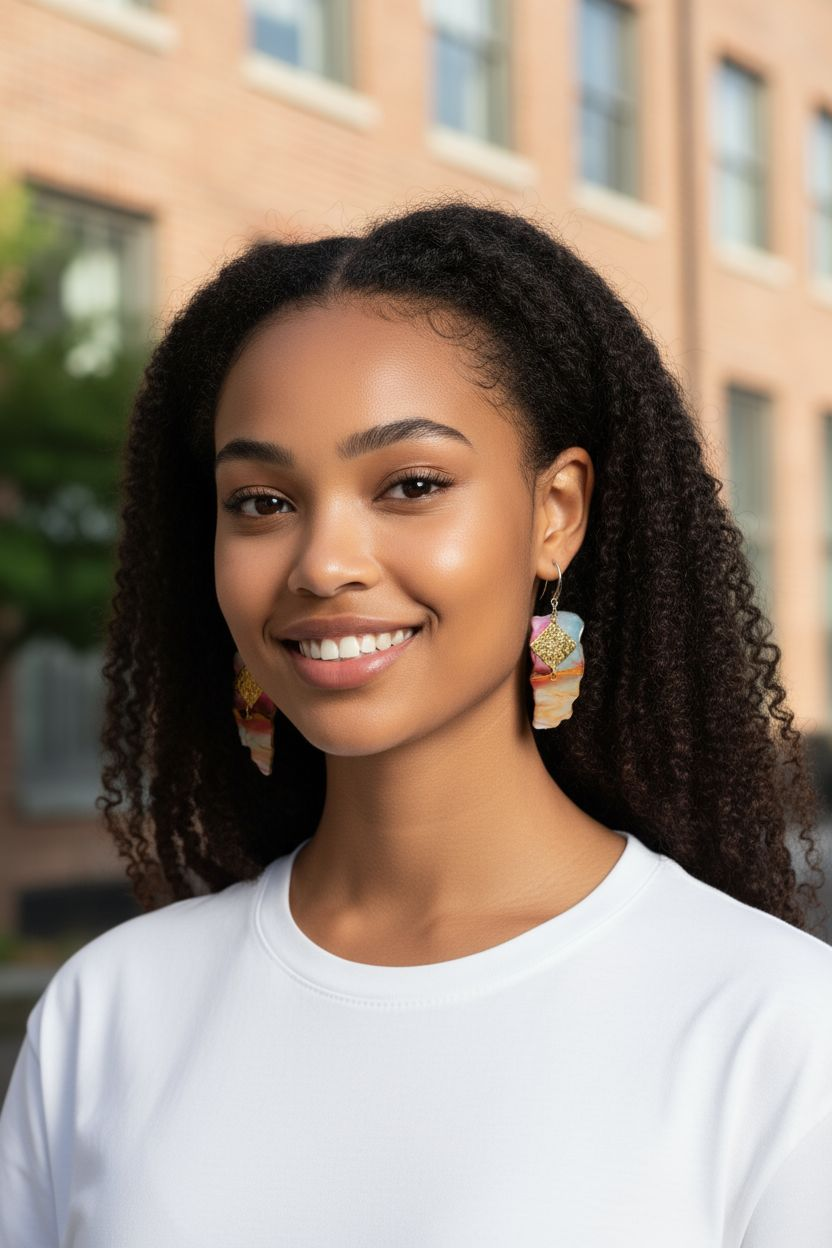 Woman with curly hair wearing a white shirt and colorful earrings outdoors.