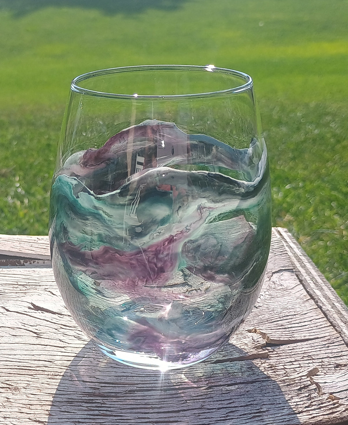 Stemless Wine Glass | Handmade Teal, Purple & Silver Resin Abstract Art | Unique Gift for Wine Lovers