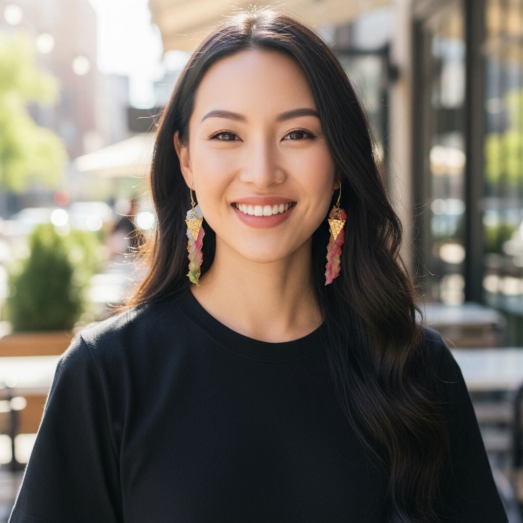 Woman wearing colorful earrings with a blurred outdoor background