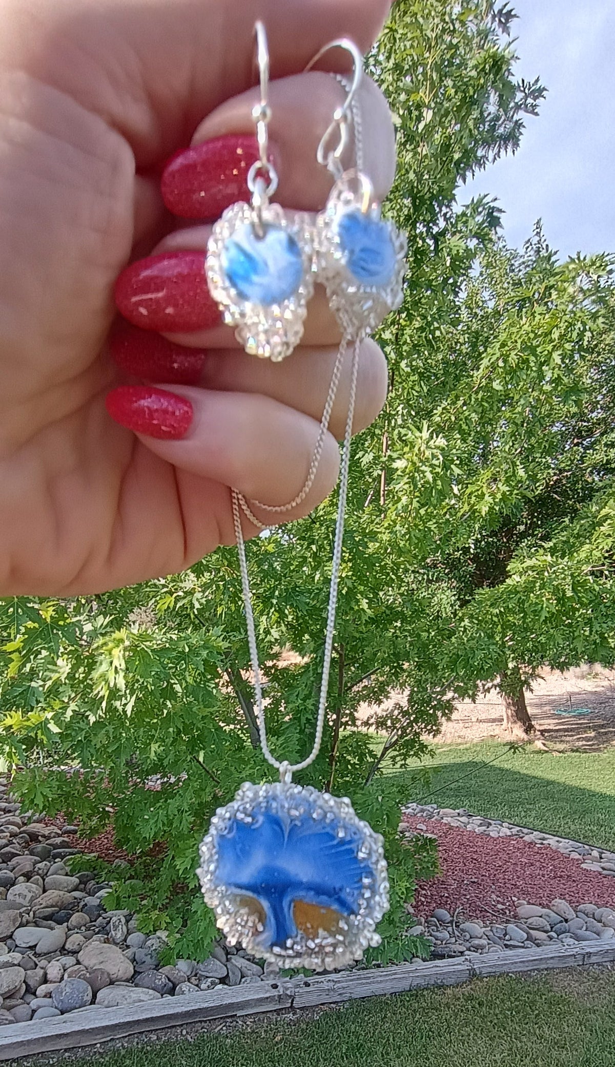 Tree of Life Jewelry Set | Blue Resin Pendant Necklace & Crystal Earrings | Handmade Fluid Art | Gift for Her