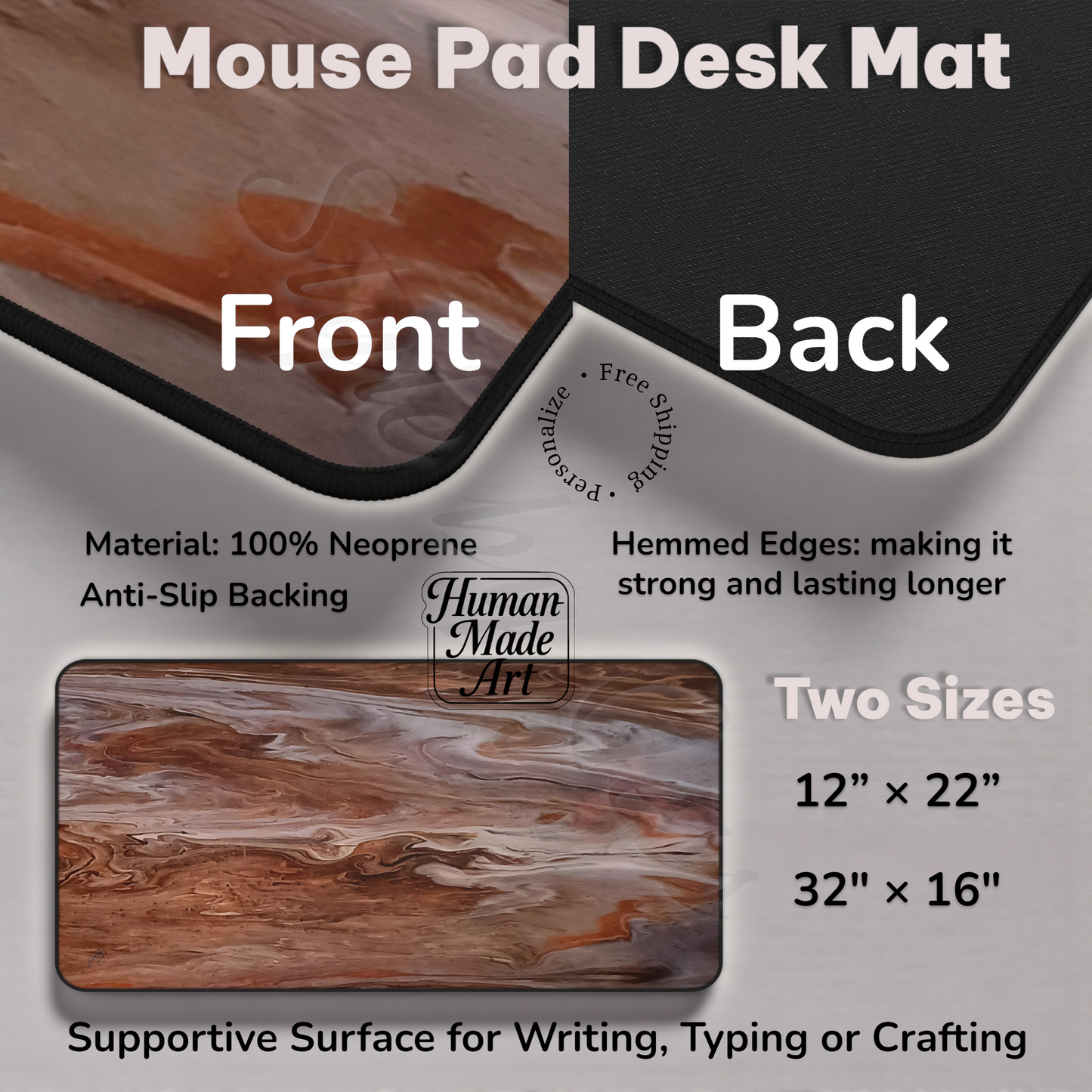Mouse pad desk mat with front and back views, material details, and size options. Gotta Have It Design a Style by Jess
