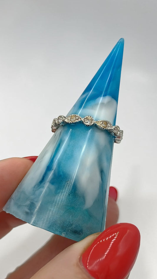 Handmade ocean blue and white marble resin ring holder cone, 5 5/8 inches tall, displaying a silver rhinestone ring — one-of-a-kind functional art by Style By Jess at Gotta Have It Design