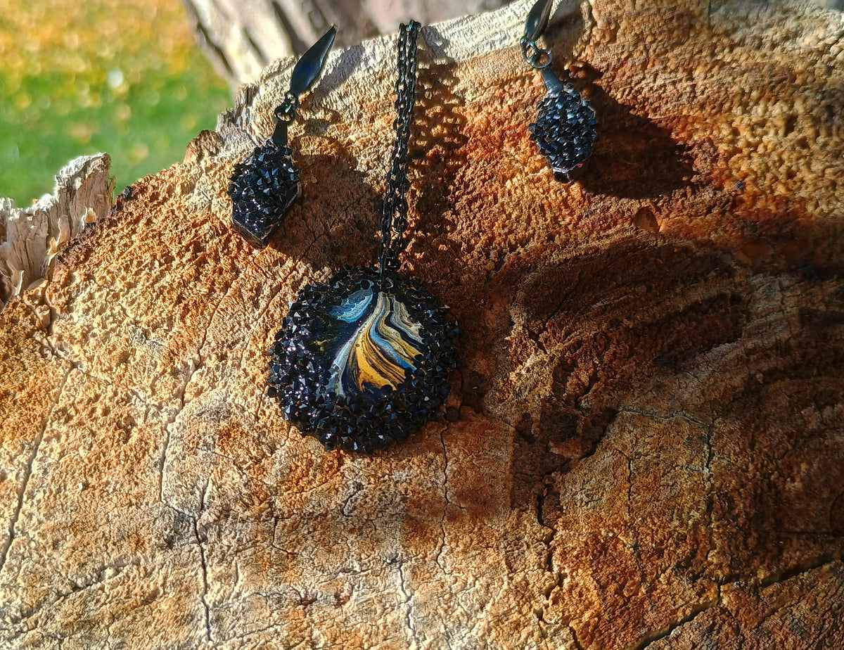 Necklace and Earring Set – Black Crystal & Handmade Art Pendant