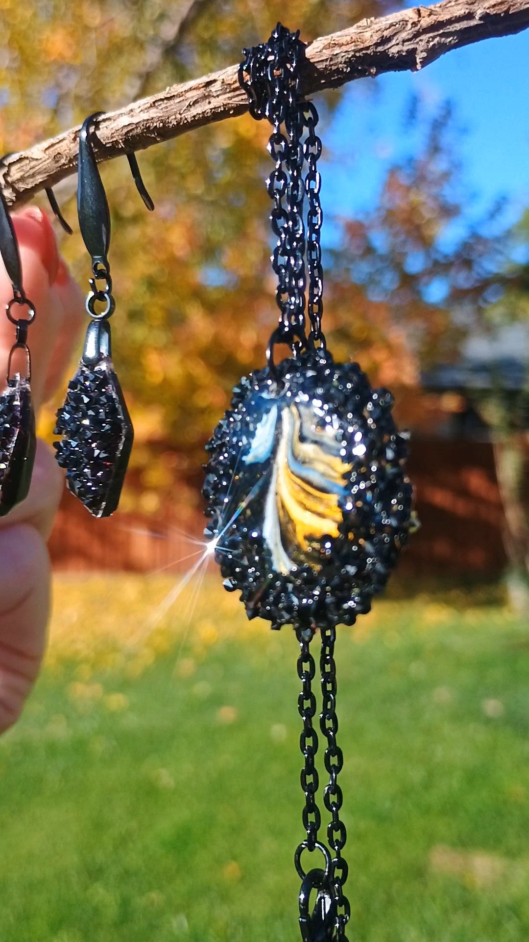 Necklace and Earring Set – Black Crystal & Handmade Art Pendant