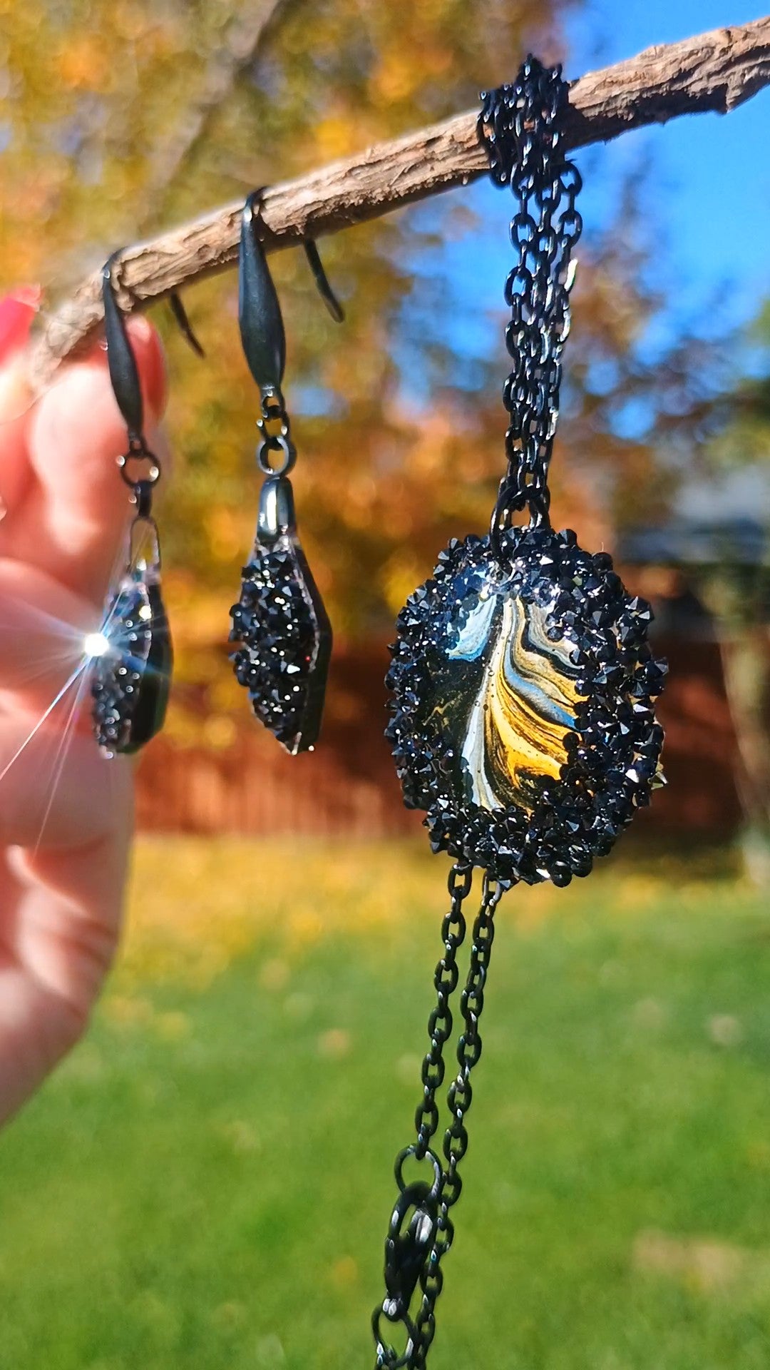Necklace and Earring Set – Black Crystal & Handmade Art Pendant