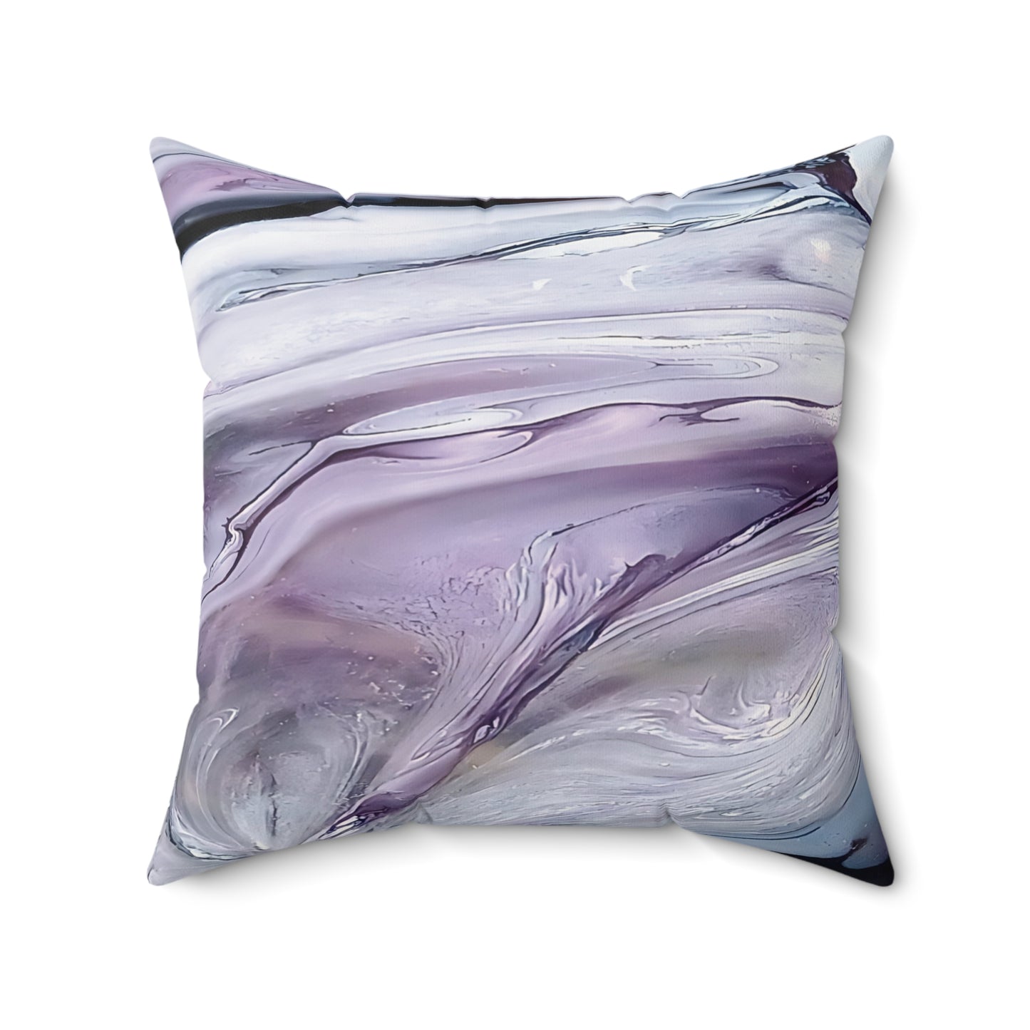 Decorative pillow with a marbled pattern in shades of purple and white on a white background