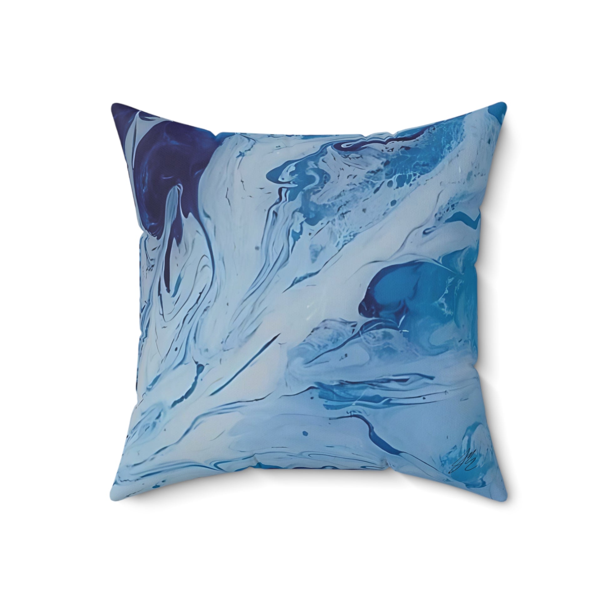 Marbled blue and white pillow on a white background