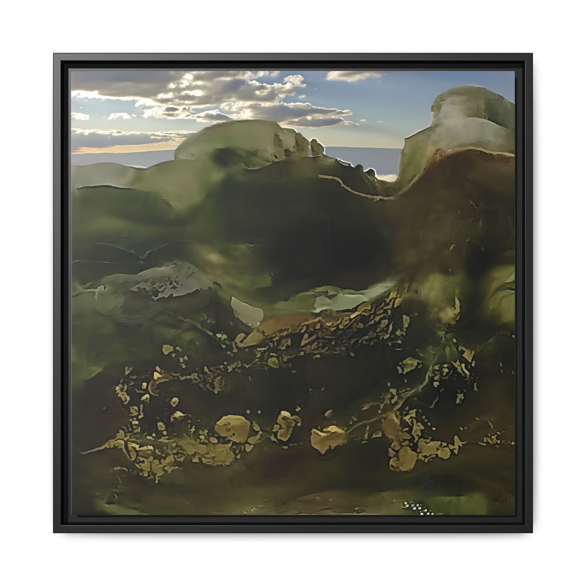 Framed artwork of a mountain landscape with a black frame
