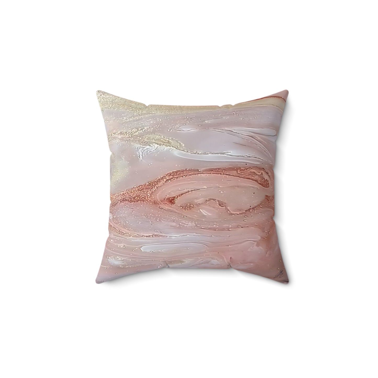 Decorative pillow with a pink and white marbled pattern on a white background
