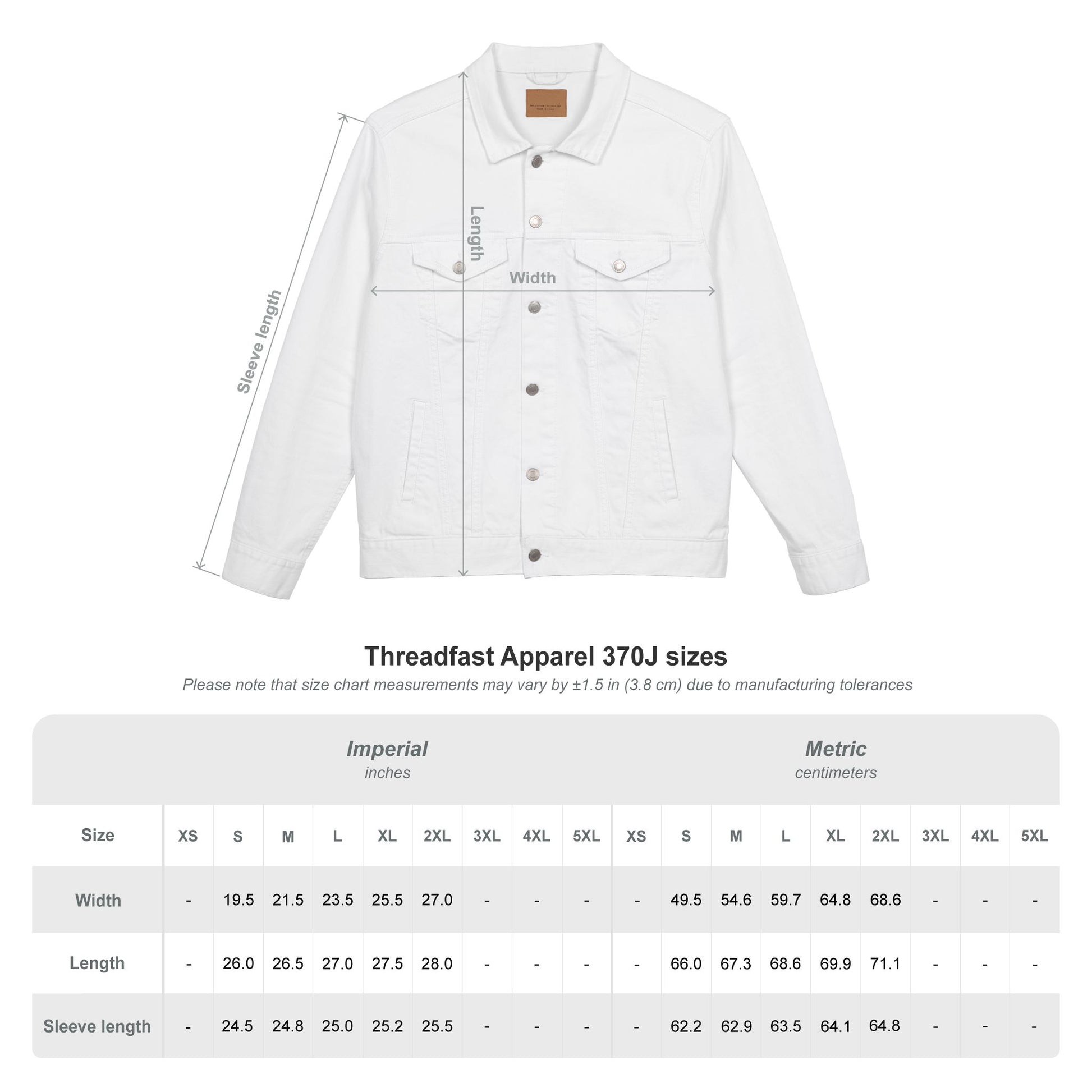 White jacket with measurement labels and size chart on a white background