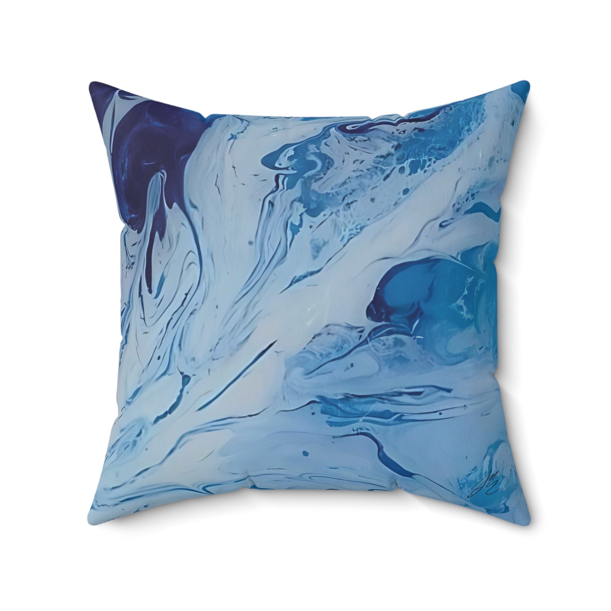 Marbled blue and white pillow on a white background