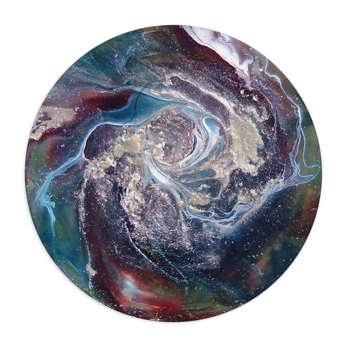 Round mouse pad with a swirling design of blue, purple, and red colors on a white background