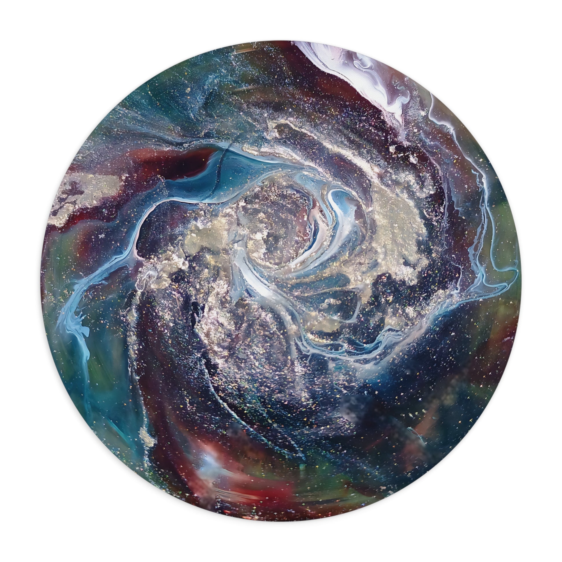 Round mouse pad with a swirling design of blue, purple, and red colors on a white background