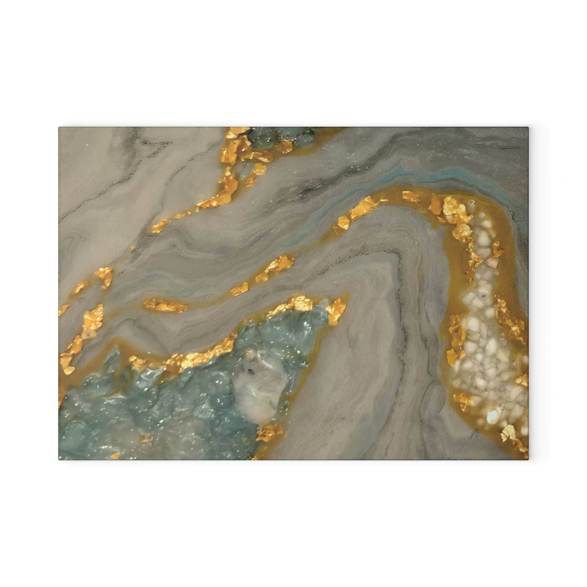 Marble-like pattern with gold and blue accents on a white background