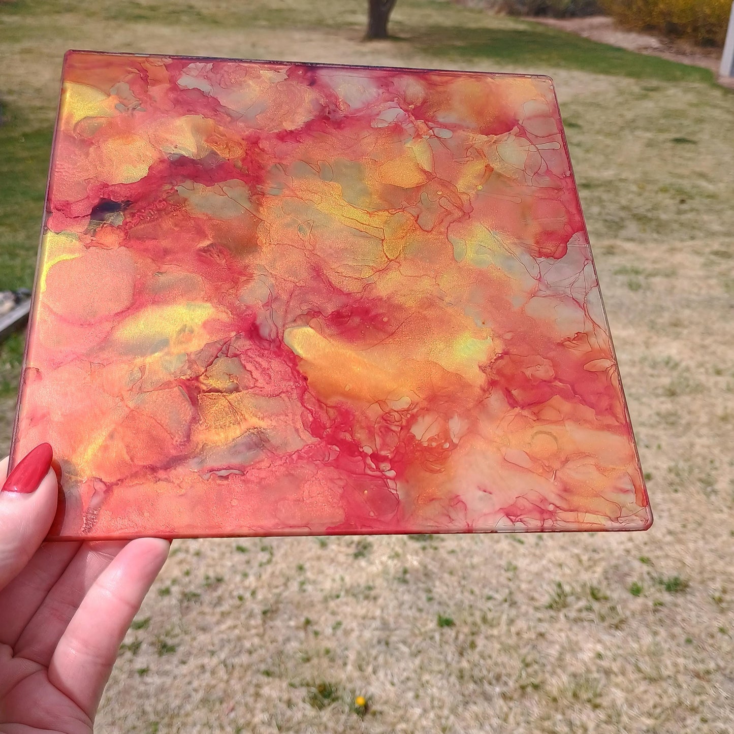 Glass Art Sun Catcher and Cutting Board Red and Gold Charcuterie Tray Gift for Her Kitchen Decor