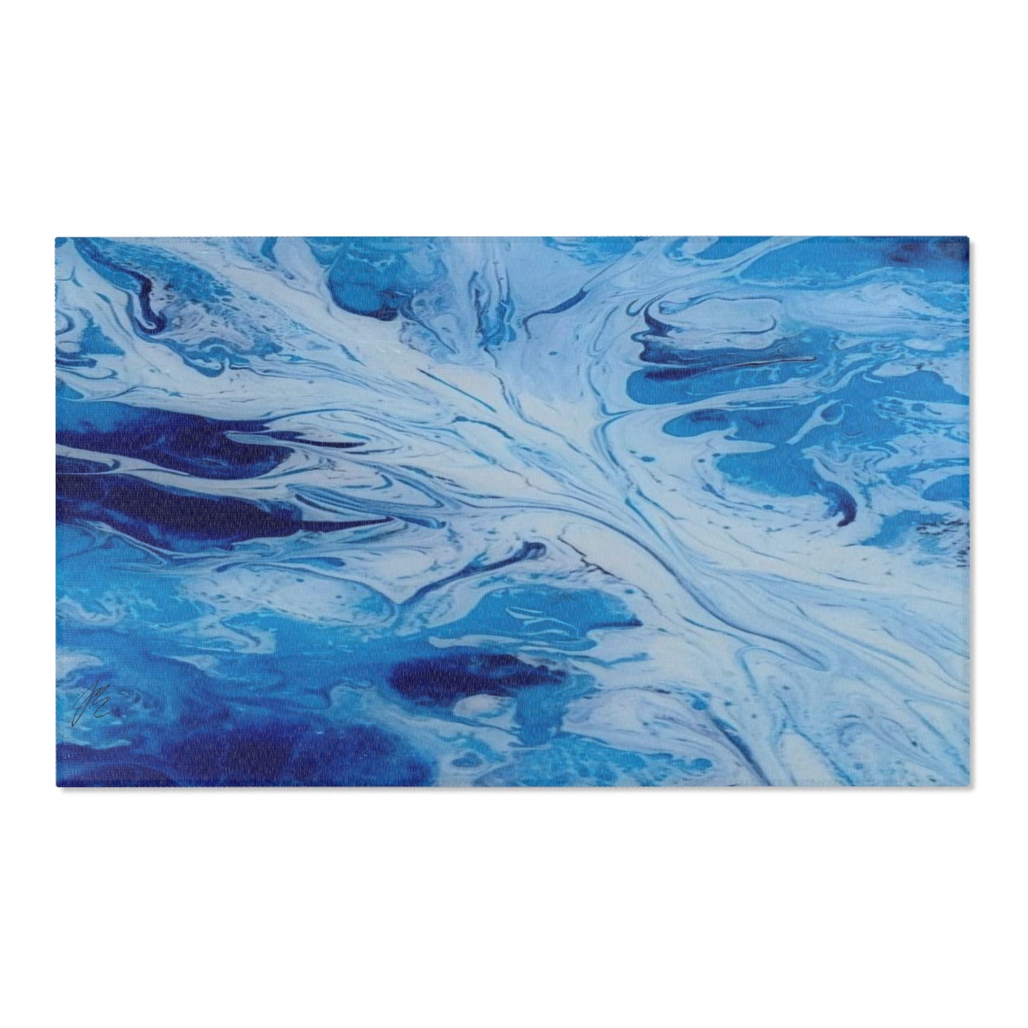 Blue and white marbled rug on a white background