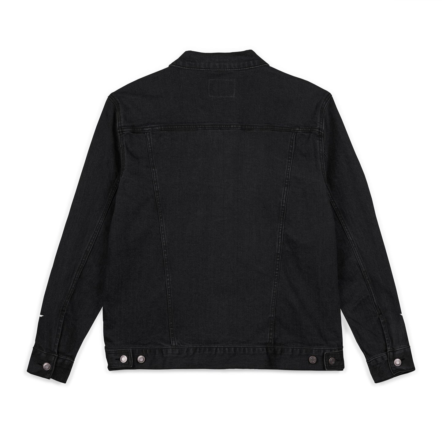 Black denim jacket on a white background