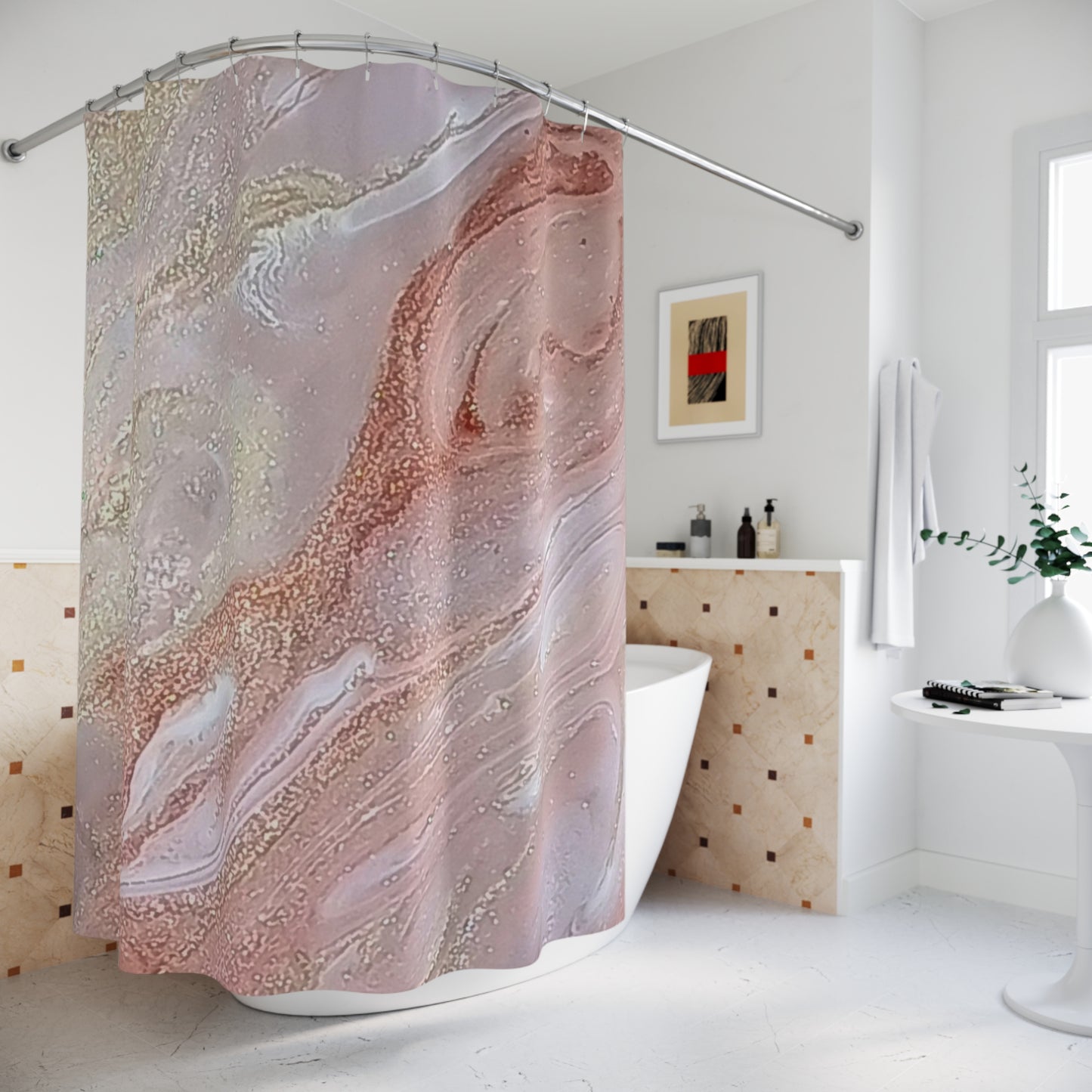 Marble-patterned shower curtain in a bathroom setting