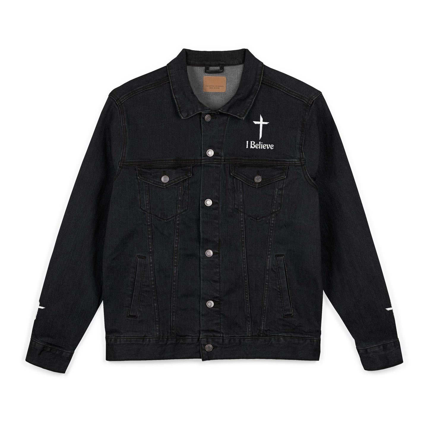 Black denim jacket with 'I Believe' and cross design on a white background