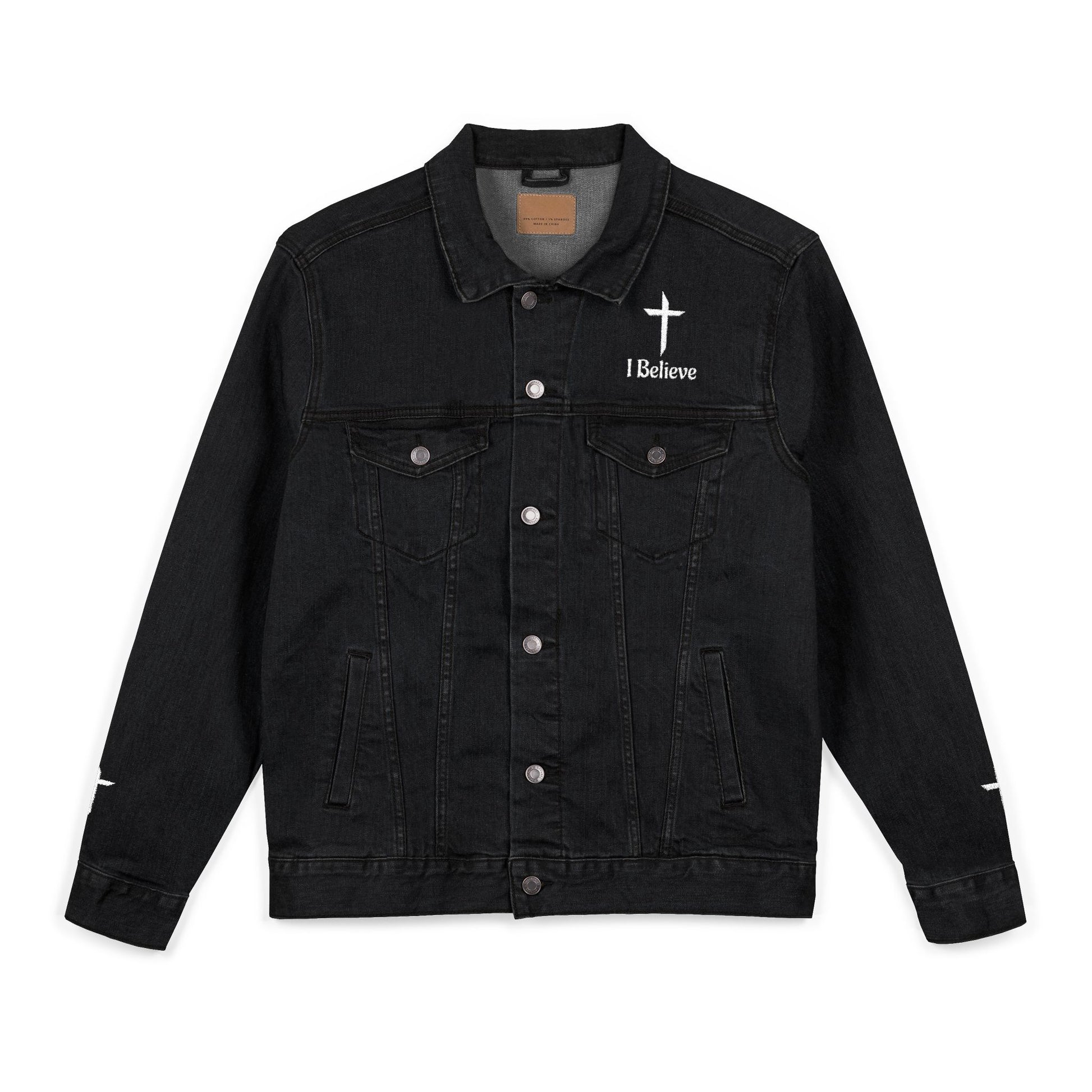 Black denim jacket with 'I Believe' and cross design on a white background