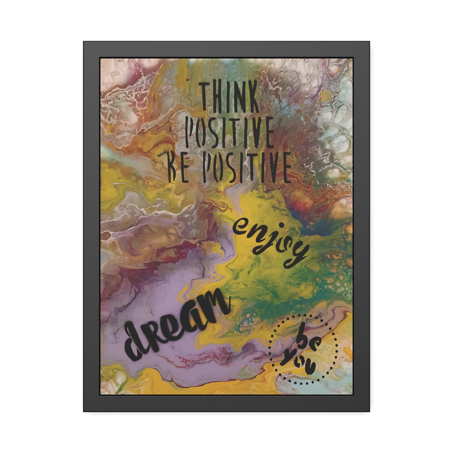 Framed artwork with motivational text 'Think positive, be positive, enjoy dream' on a colorful abstract background.